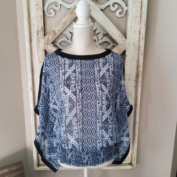 NY Collection Women's Cold Shoulder Dolman Cape Blouson Elastic Waist Top Blouse - Picture 2 of 9